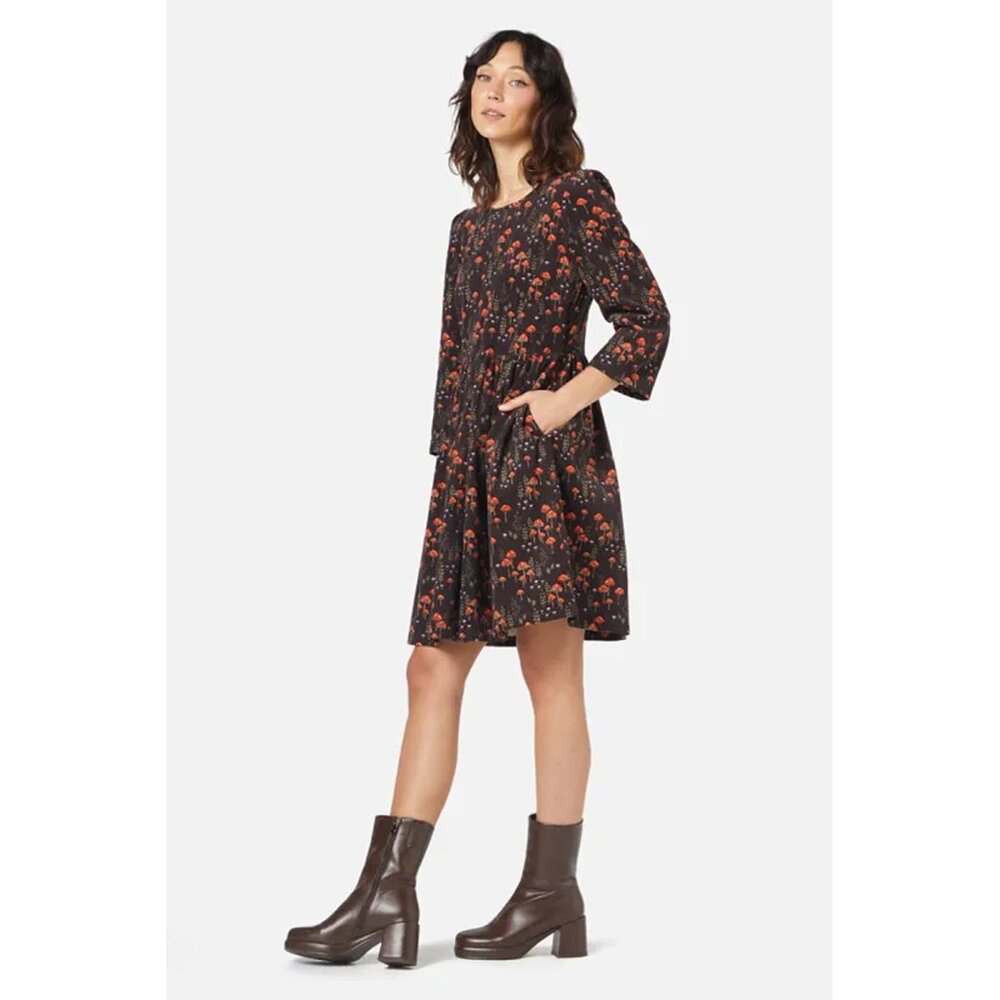 ModCloth Princess Highway Brown Corduroy Long Sleeve Dress with Mushrooms
